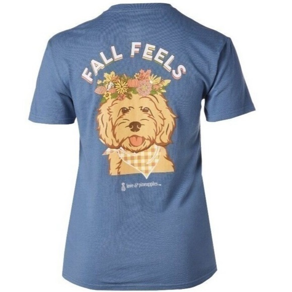 Love & Pineapples T-Shirt Fall Feels Dog Graphic Blue Short Sleeve Tee Shirt NWT - Picture 1 of 8